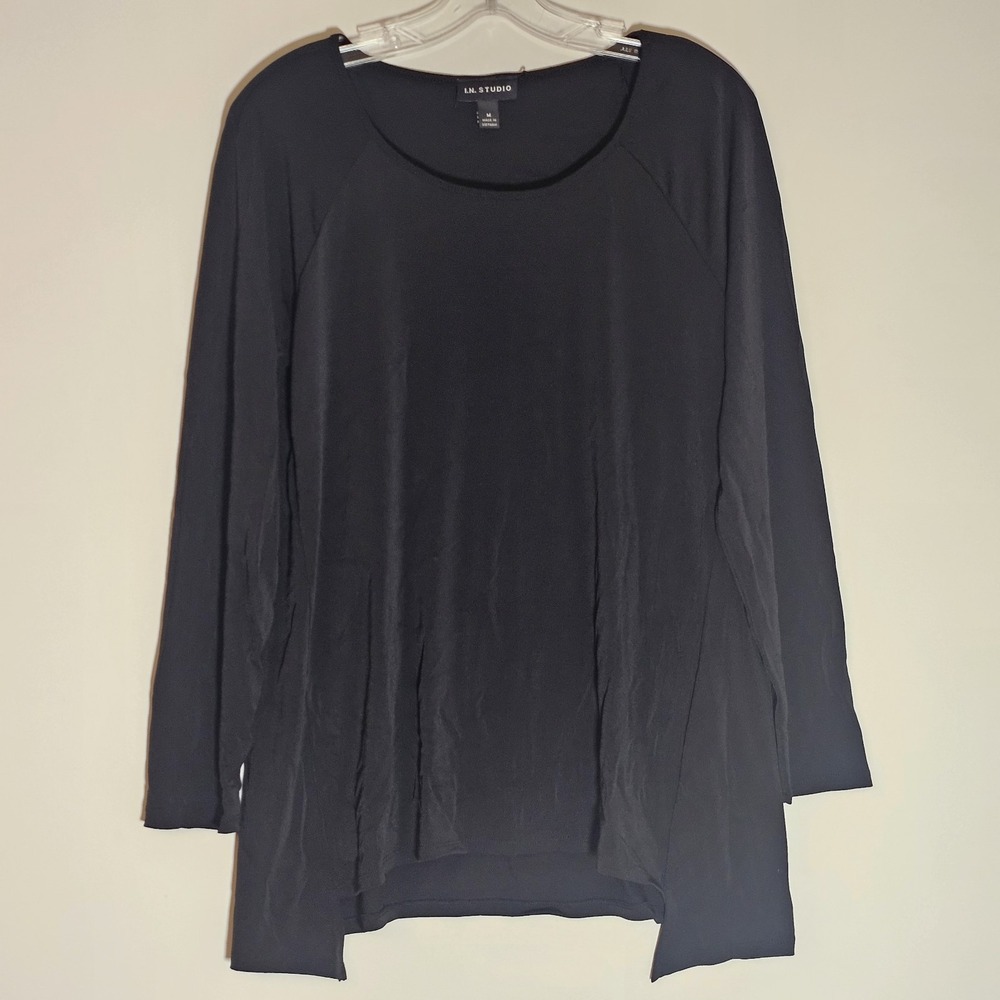 I.N. Studio Top Womens Medium Black Asymmetric Tunic Stretch Casual Knit Long M